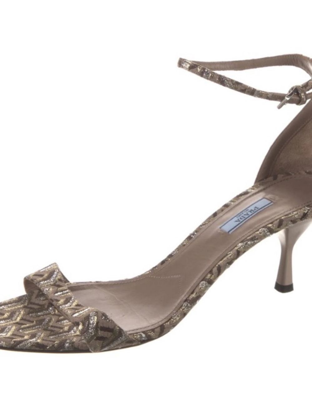 Prada Gold Metallic Patterned Ankle-Strap Kitten Heel